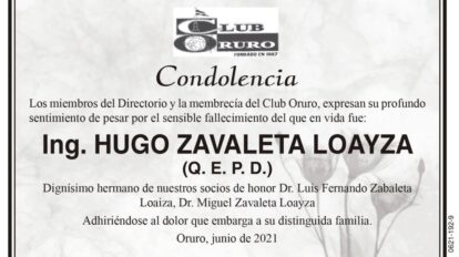 Condolencia por el fallecimiento de Ing. Hugo Zavaleta Loayza