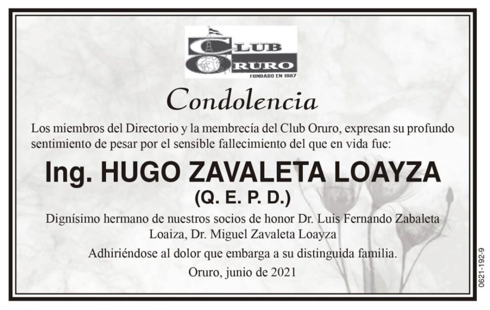 Condolencia por el fallecimiento de Ing. Hugo Zavaleta Loayza