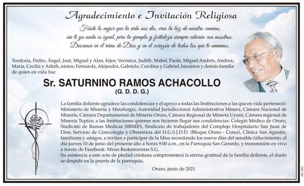 Agradecimiento e Invitación Religiosa por Saturnino Ramos Achacollo