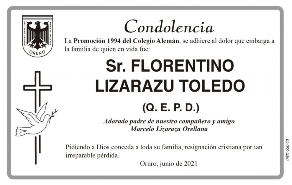 Condolencias por el fallecimiento de Florentino Lizarazu Toledo