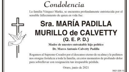 Condolencia por el fallecimiento de María Padilla Murillo