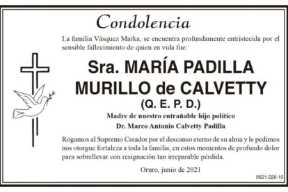 Condolencia por el fallecimiento de María Padilla Murillo