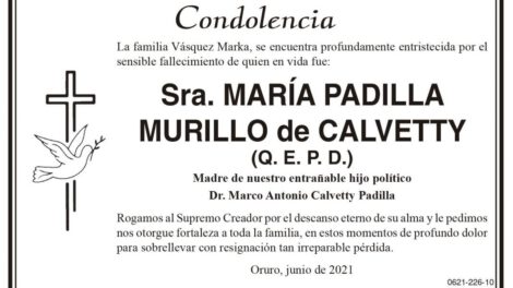 Condolencia por el fallecimiento de María Padilla Murillo