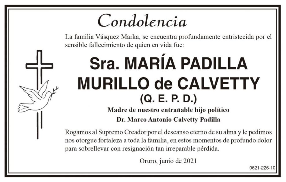 Condolencia por el fallecimiento de María Padilla Murillo