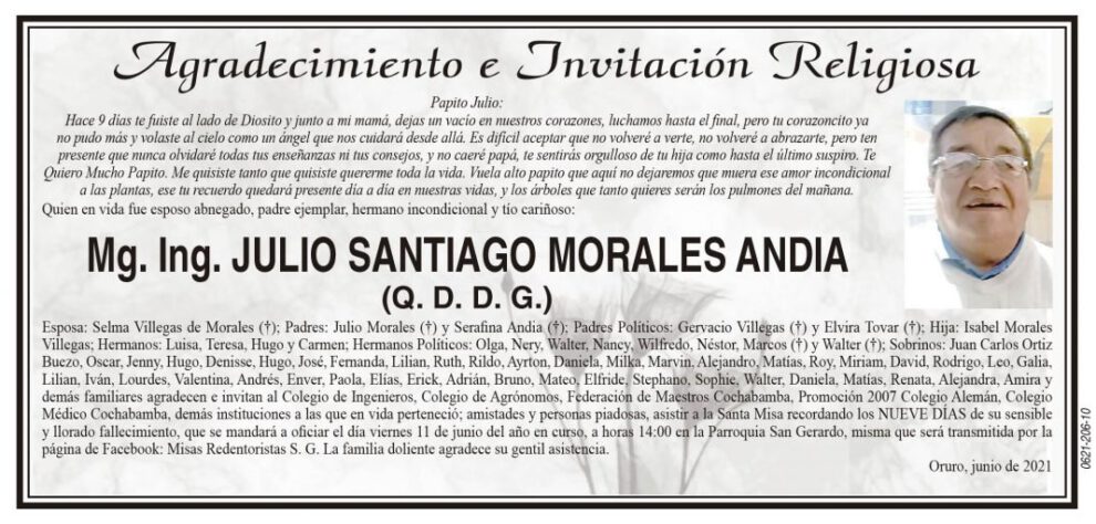 Agradecimiento e Invitación Religiosa por Julio Santiago Morales Andia