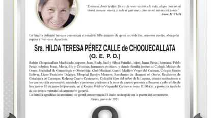 Necrológico de Hilda Teresa Pérez Calle de Choquecallata