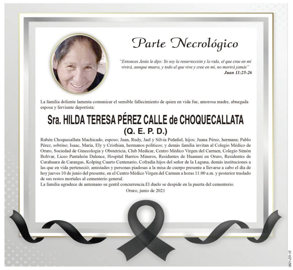 Necrológico de Hilda Teresa Pérez Calle de Choquecallata