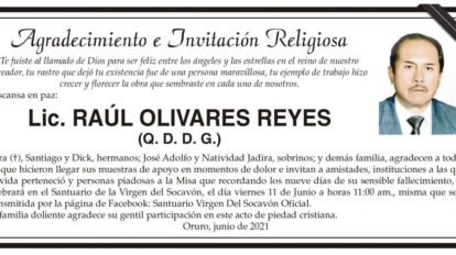 Agradecimiento e Invitación Religiosa por Lic. Raúl Olivares Reyes