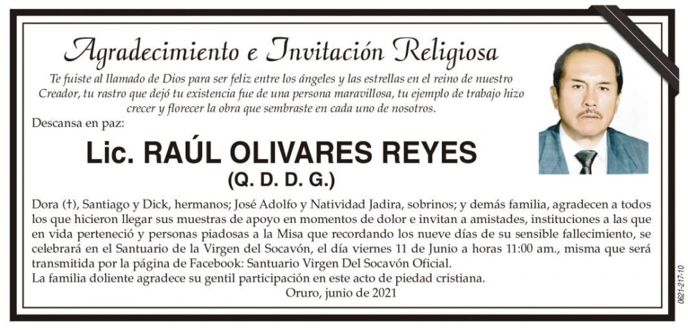 Agradecimiento e Invitación Religiosa por Lic. Raúl Olivares Reyes