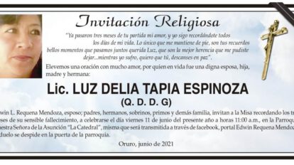 Lic. Luz Delia Tapia Espinoza, invitación a misa recordatoria