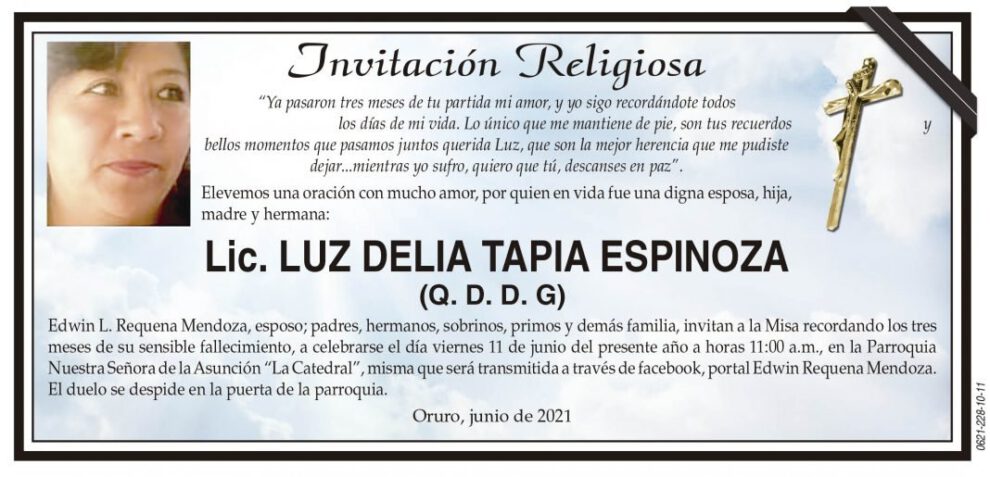Lic. Luz Delia Tapia Espinoza, invitación a misa recordatoria