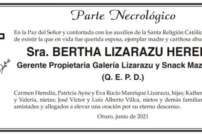 Parte Necrológico de Bertha Lizarazu Heredia