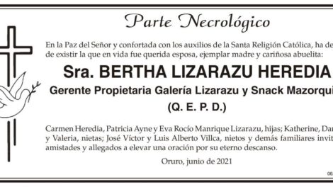 Parte Necrológico de Bertha Lizarazu Heredia