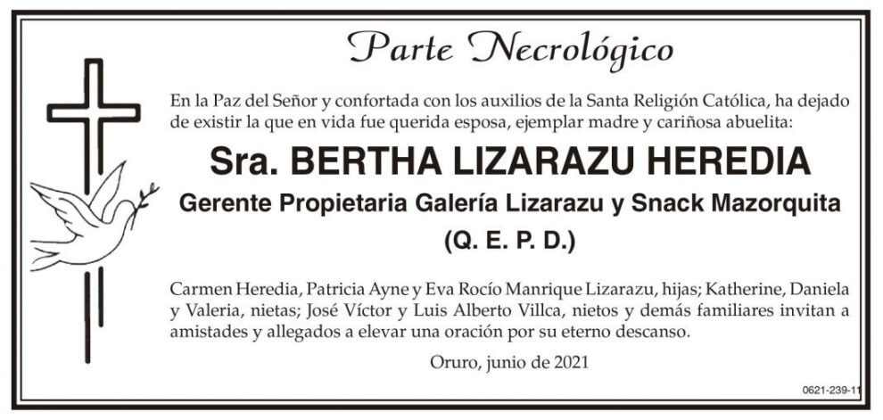Parte Necrológico de Bertha Lizarazu Heredia