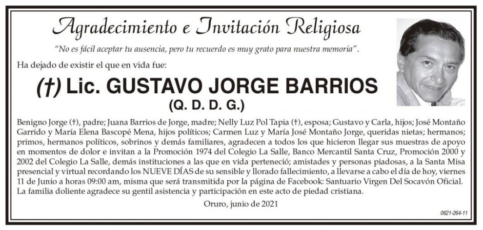 Agradecimiento e Invitación Religiosa por Lic. Gustavo Jorge Barrios