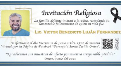 Lic. Victor Benedicto Luján Fernandez invitación a misa virtual