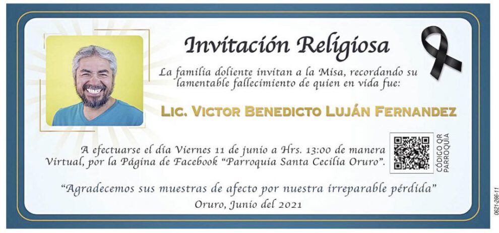 Lic. Victor Benedicto Luján Fernandez invitación a misa virtual
