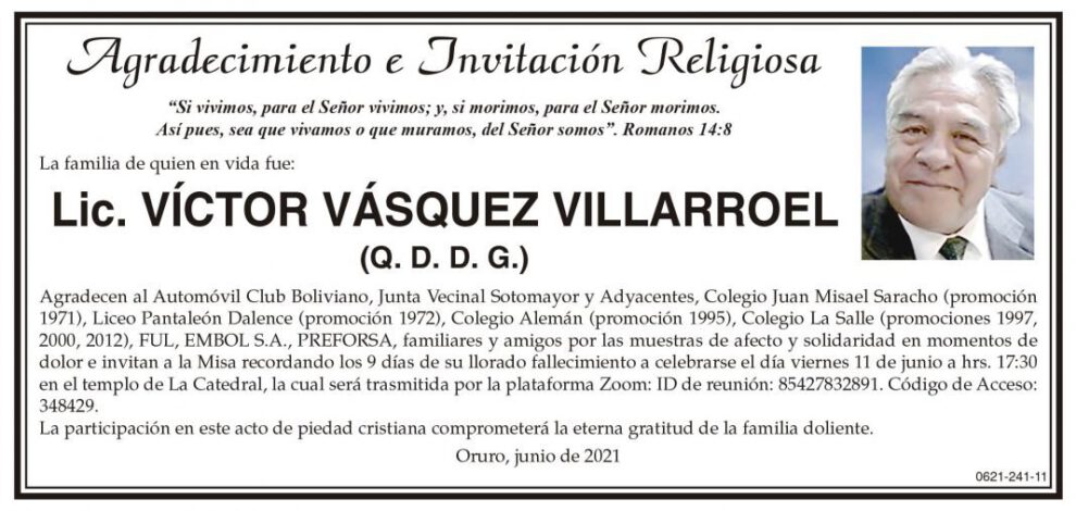 Agradecimiento e Invitación Religiosa por Lic. Víctor Vásquez Villarroel