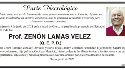 Parte Necrológico de Prof. Zenón Lamas Vélez