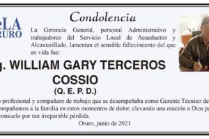 Condolencia por el fallecimiento de William Gary Terceros Cossio