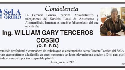 Condolencia por el fallecimiento de William Gary Terceros Cossio