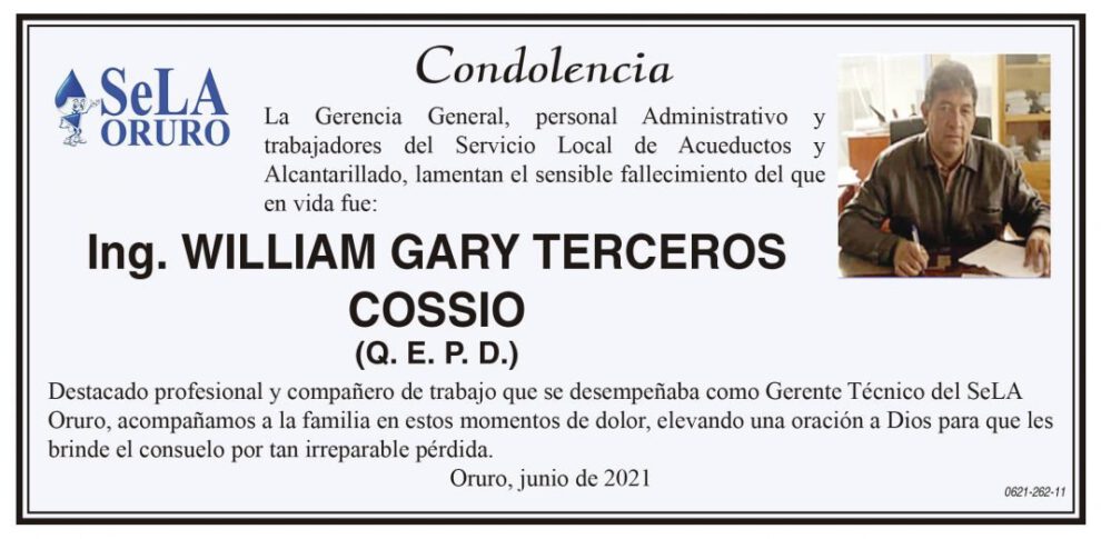 Condolencia por el fallecimiento de William Gary Terceros Cossio