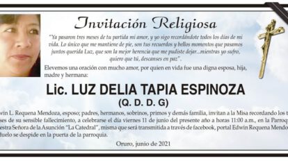 Lic. Luz Delia Tapia Espinoza, invitación a misa recordatoria