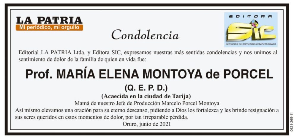Condolencia por la Prof. María Elena Montoya de Porcel