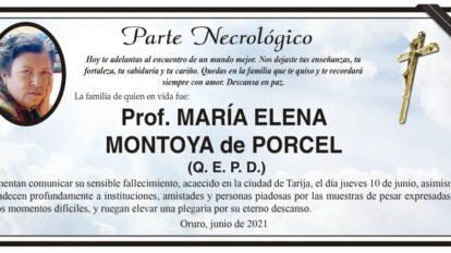 Parte Necrológico de Prof. MARÍA ELENA MONTOYA de PORCEL
