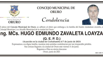 Condolencia por la muerte de Hugo Edmundo Zavaleta Loayza