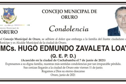 Condolencia por la muerte de Hugo Edmundo Zavaleta Loayza