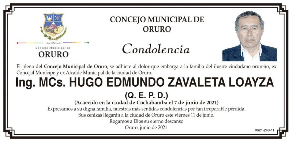 Condolencia por la muerte de Hugo Edmundo Zavaleta Loayza