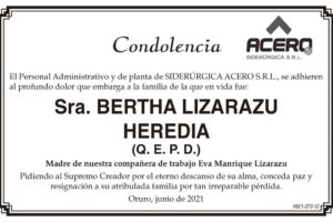 Condolencia por la Sra. Bertha Lizarazu Heredia