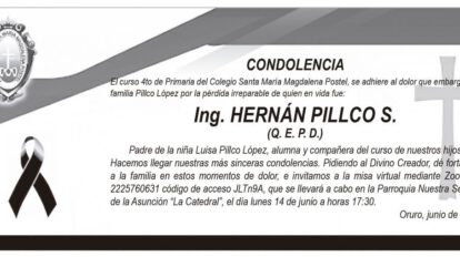Condolencia por la pérdida de Ing. Hernán Pillco S.