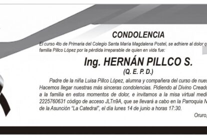Condolencia por la pérdida de Ing. Hernán Pillco S.