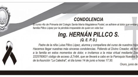 Condolencia por la pérdida de Ing. Hernán Pillco S.