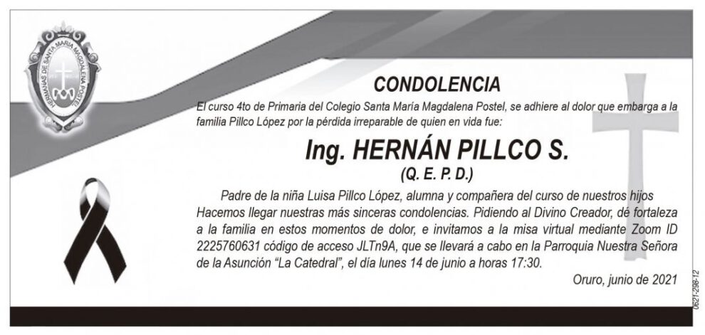 Condolencia por la pérdida de Ing. Hernán Pillco S.