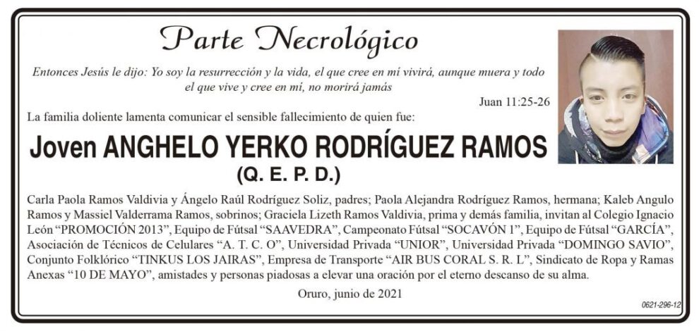 Parte Necrológico de Anghelo Yerko Rodríguez Ramos