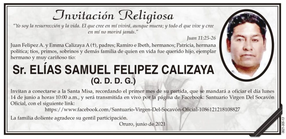 Elías Samuel Felipez Calizaya, invitación a la Santa Misa