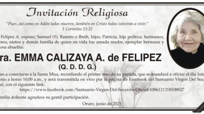 Emma Calizaya A. de Felipez, invitación a la Santa Misa