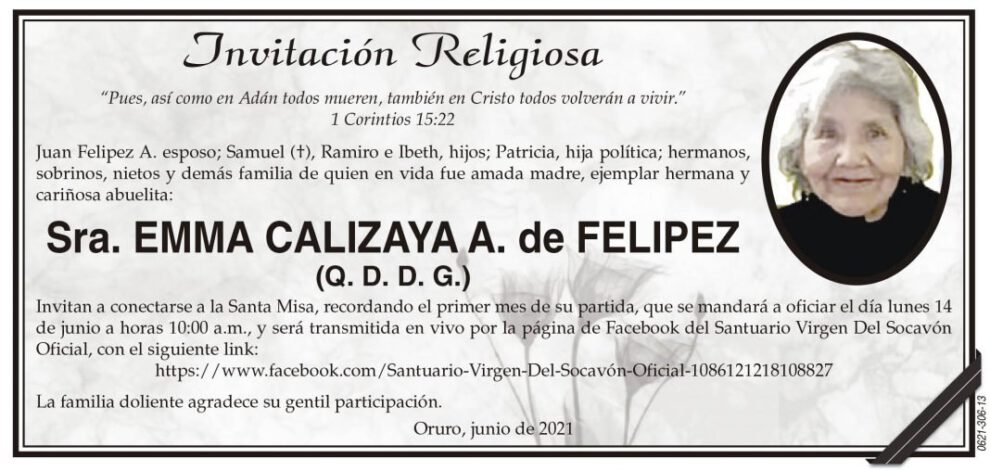 Emma Calizaya A. de Felipez, invitación a la Santa Misa