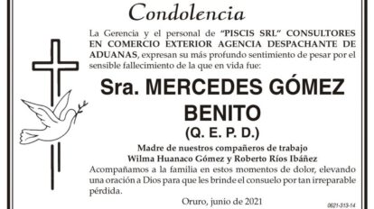 Condolencia por el fallecimiento de Mercedes Gómez Benito
