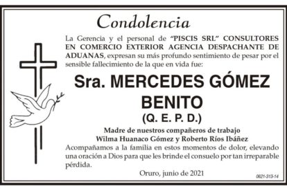 Condolencia por el fallecimiento de Mercedes Gómez Benito