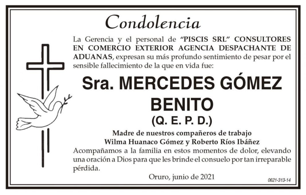 Condolencia por el fallecimiento de Mercedes Gómez Benito