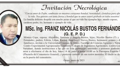 Invitación Necrológica de Franz Nicolás Bustos Fernández
