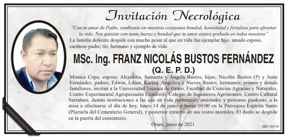 Invitación Necrológica de Franz Nicolás Bustos Fernández