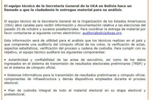 OEA en Bolivia hace un llamado a que la ciudadanía le entregue material para su análisis