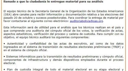 OEA en Bolivia hace un llamado a que la ciudadanía le entregue material para su análisis