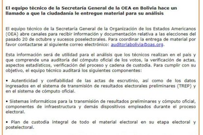 OEA en Bolivia hace un llamado a que la ciudadanía le entregue material para su análisis