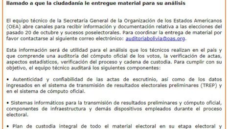 OEA en Bolivia hace un llamado a que la ciudadanía le entregue material para su análisis